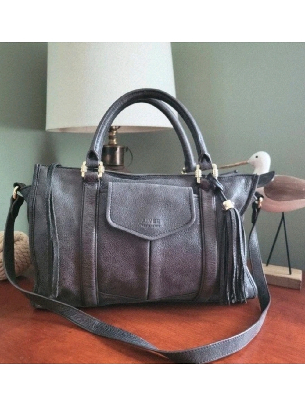 Aimee Kestenberg Heston Satchel Charcoal Gray Nubuck Leather Shoulder Bag